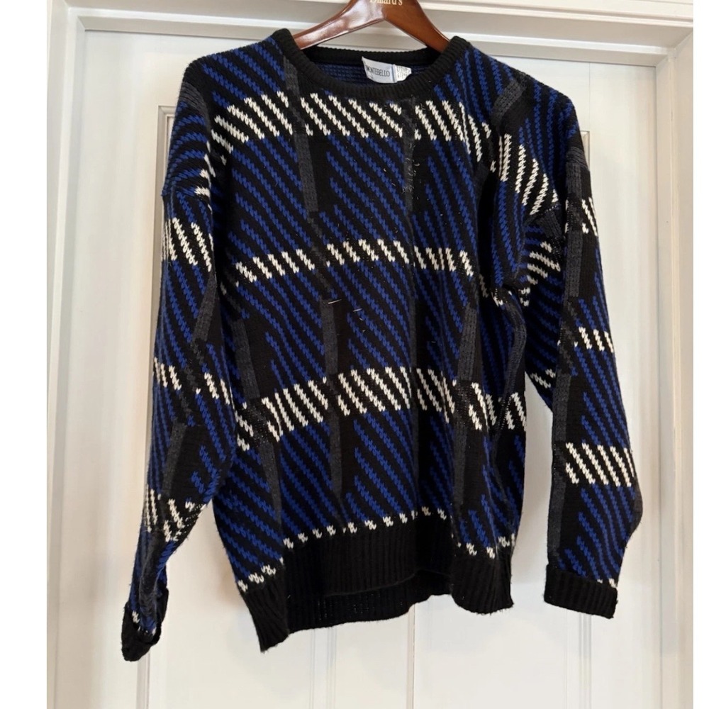Montebello Vintage‎ 90s Abstract Geometric Knit Sweater Blue Black White XL